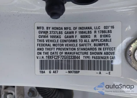 2016 Honda Civic Ex из США, поврежденный, VIN 19XFC2F72GE033844